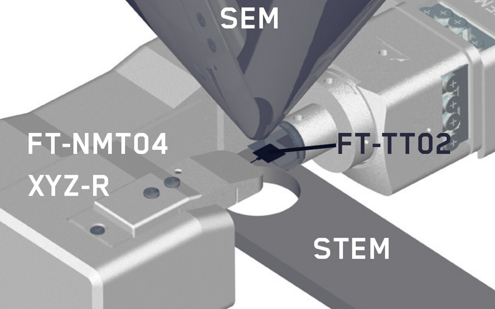<p>FemtoTools Nanoindenter 配置为原位 STEM 分析的图示,带标签。</p>